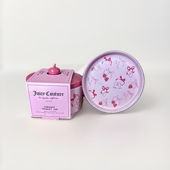 JUICY COUTURE Y2K Ceramic Jewelry Box Trinket Jar w/Tray Lid Cherry Bow Coquette - Picture 1 of 16